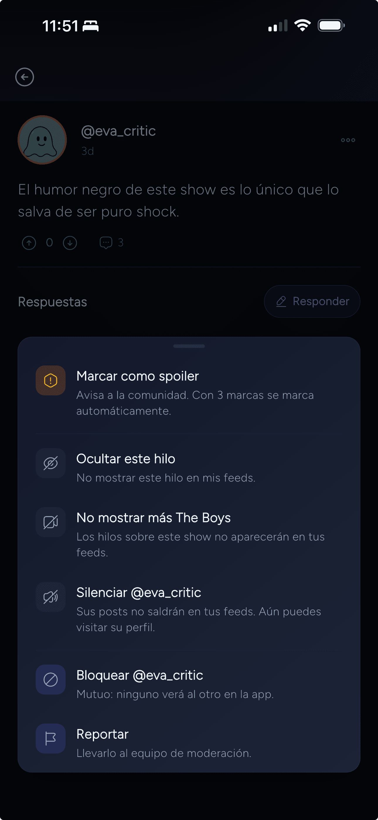 Menú de moderación de Sintonias: marcar como spoiler, ocultar, silenciar, bloquear y reportar